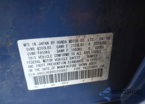 2006 Acura Tsx z USA, uszkodzony, nr VIN JH4CL96866C020667